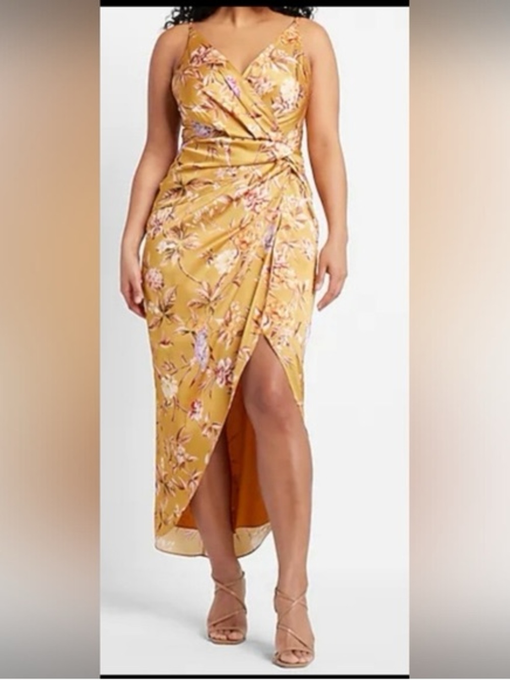 Express Mustard Yellow Floral High-Low Wrap Dress